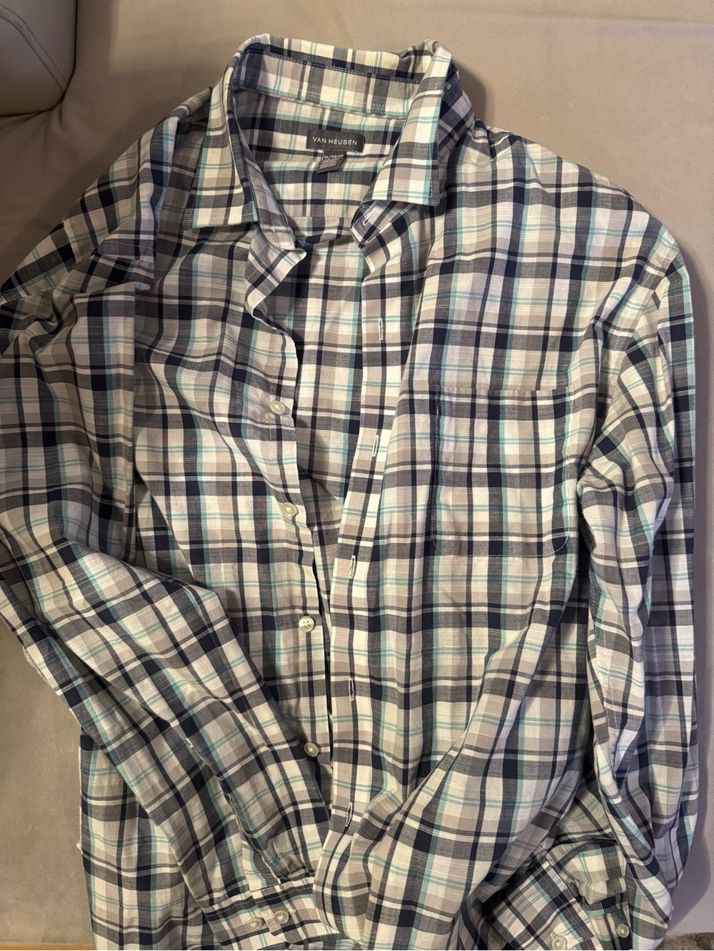 Van Heusen Plaid Button-Down Shirt in Navy, White & Teal XL
